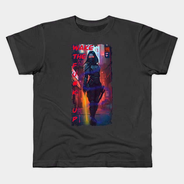 Cyberpunk samurai girl Kids T-Shirt by NemfisArt